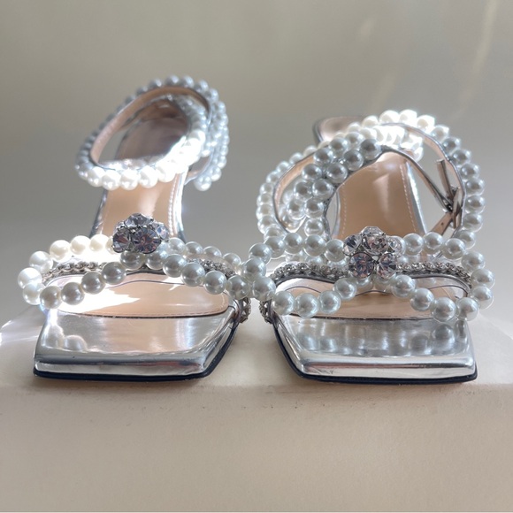 MACH & MACH Pearl Bow Square Toe Sandals in Silver Leather - Picture 9 of 14